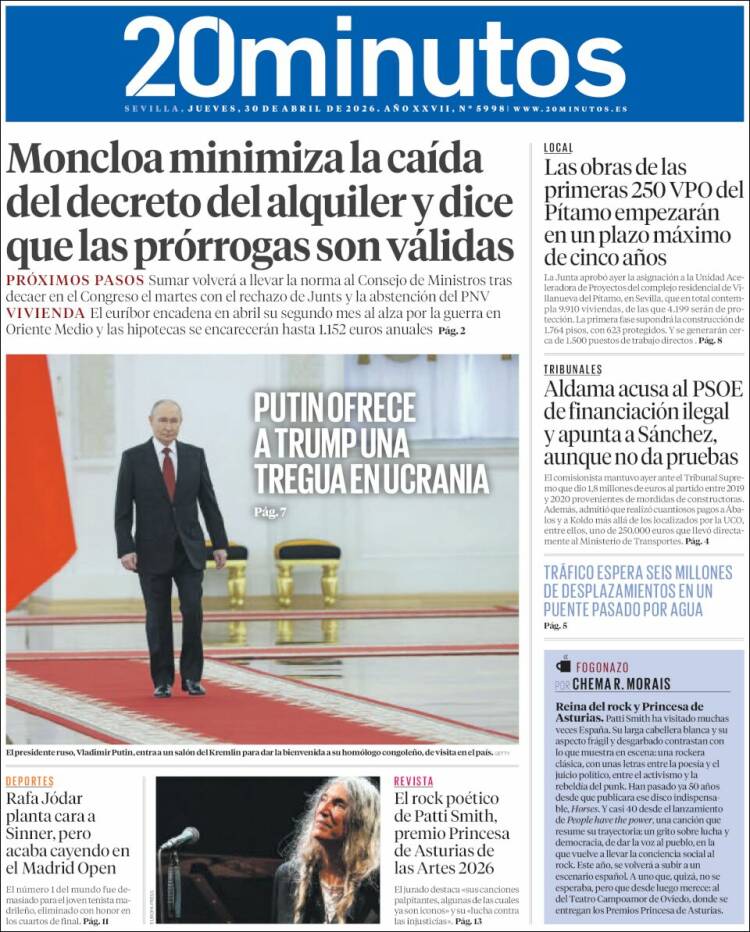 Portada de 20 Minutos - Sevilla (Espa&ntilde;a)