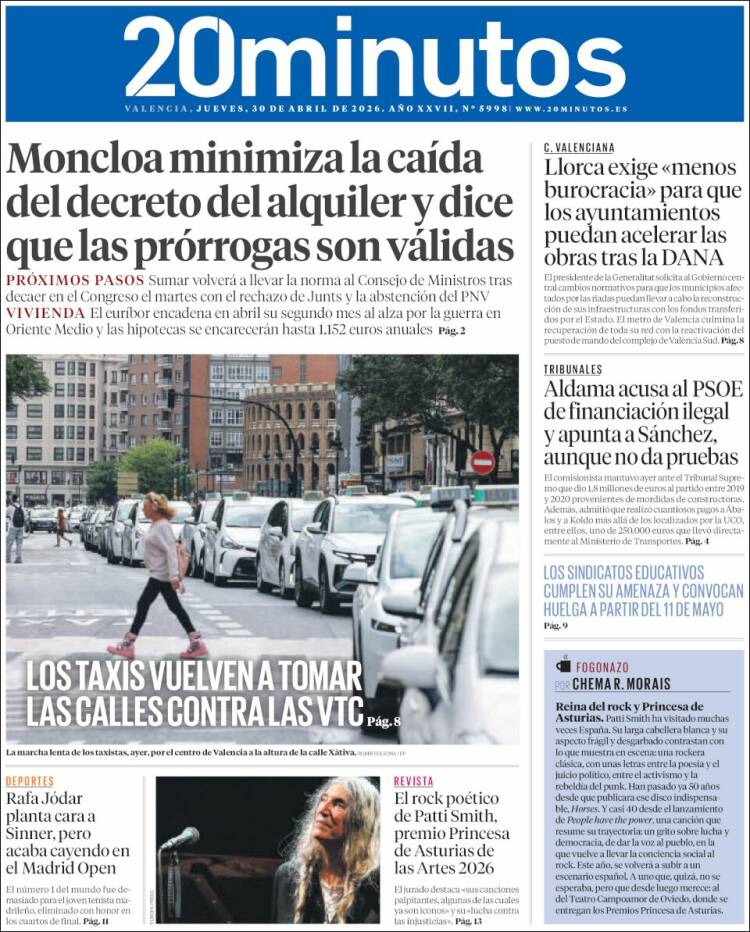 Portada de 20 Minutos - Valencia (Espa&ntilde;a)
