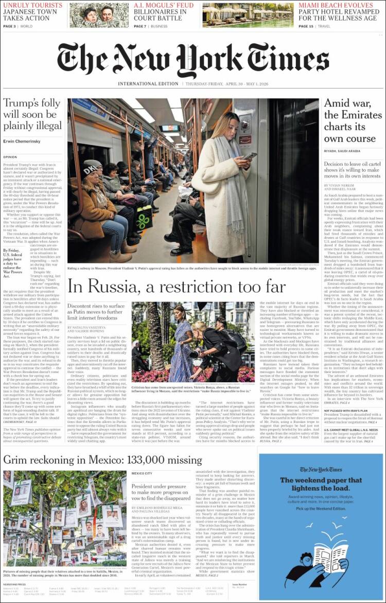 Portada de International New York Times (Europa)