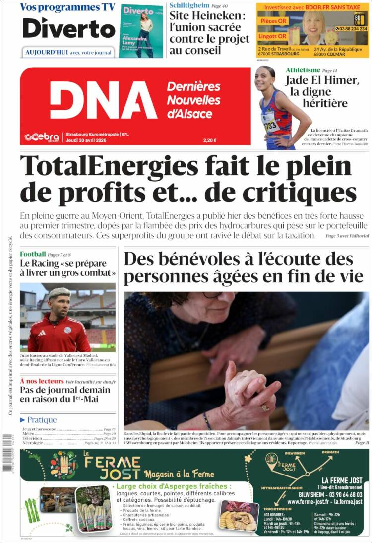 Portada de Les Dernières Nouvelles d'Alsace (Francia)