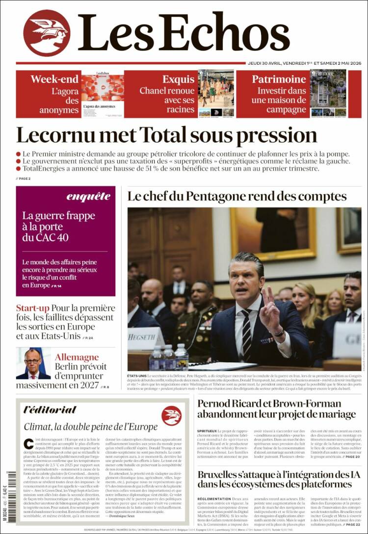 Portada de Les Echos (Francia)