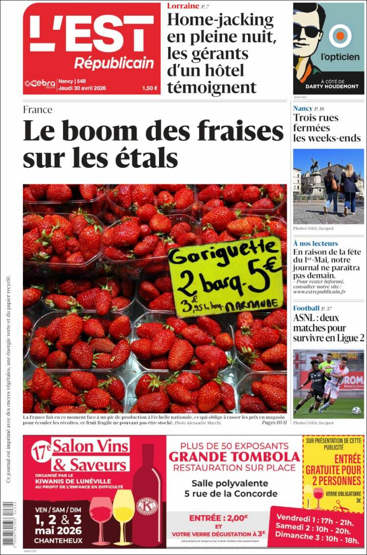 Portada de L'Est Republicain (Francia)