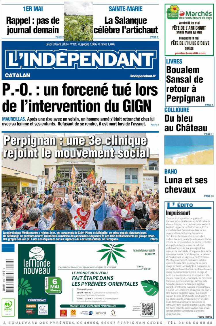 Portada de Le Indépendant (Francia)