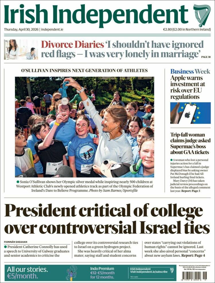 Portada de Irish Independent (Irlanda)