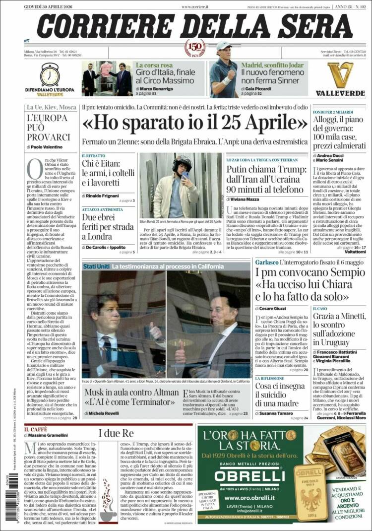 Portada de Corriere della Sera (Italia)