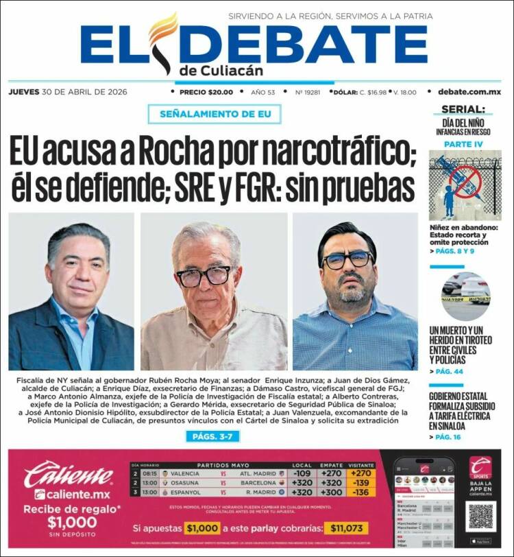 Portada de El Debate de Culiacán (M&eacute;xico)