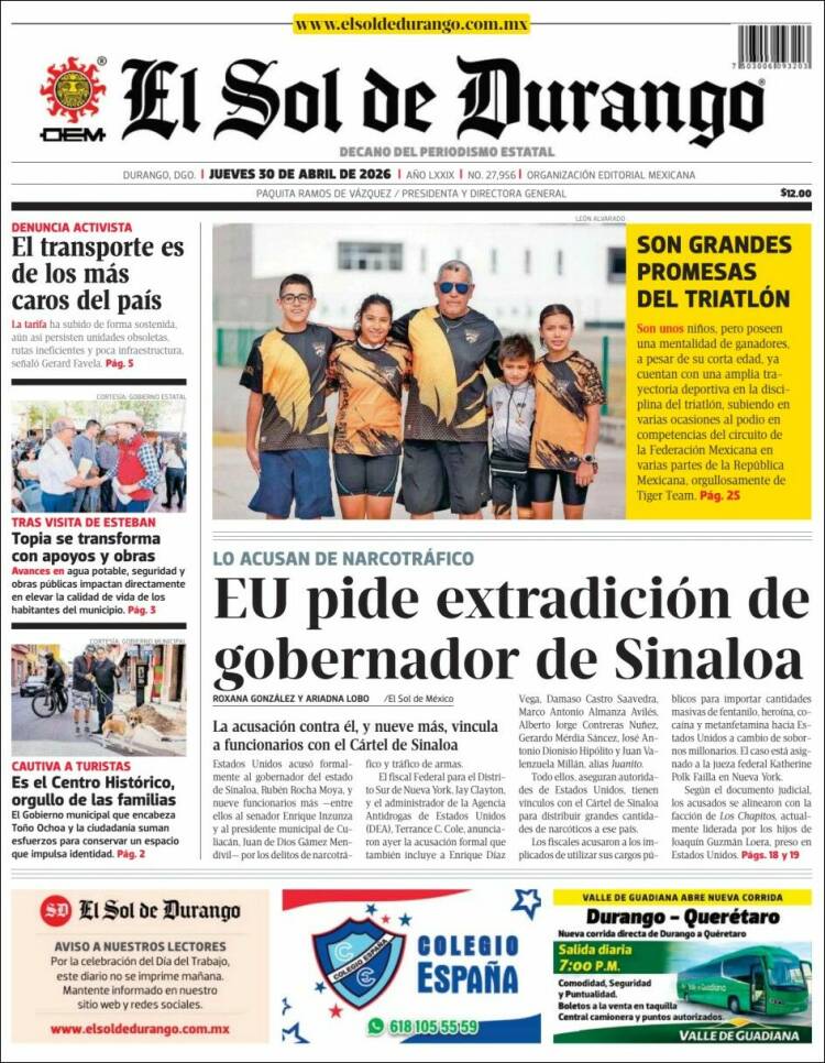 Portada de El Sol de Durango (M&eacute;xico)