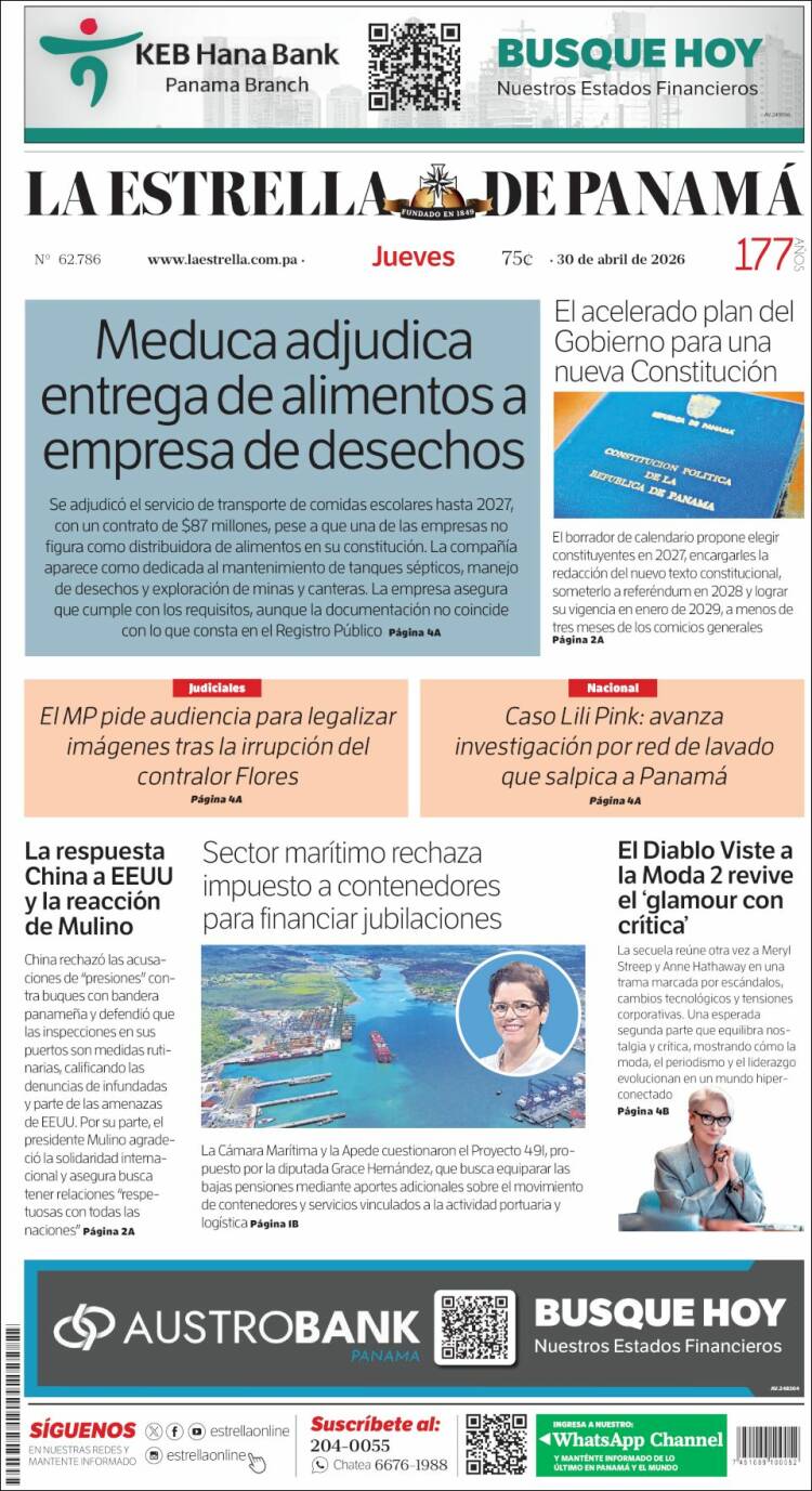 Portada de La Estrella de Panamá (Panam&aacute;)