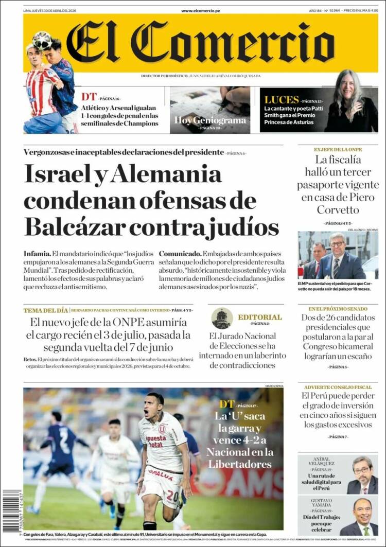 Portada de El Comercio (Per&uacute;)