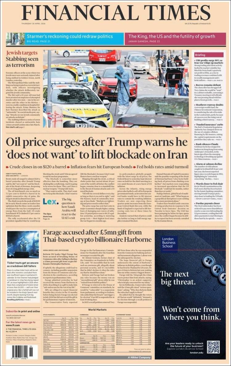 Portada de Financial Times (Reino Unido)