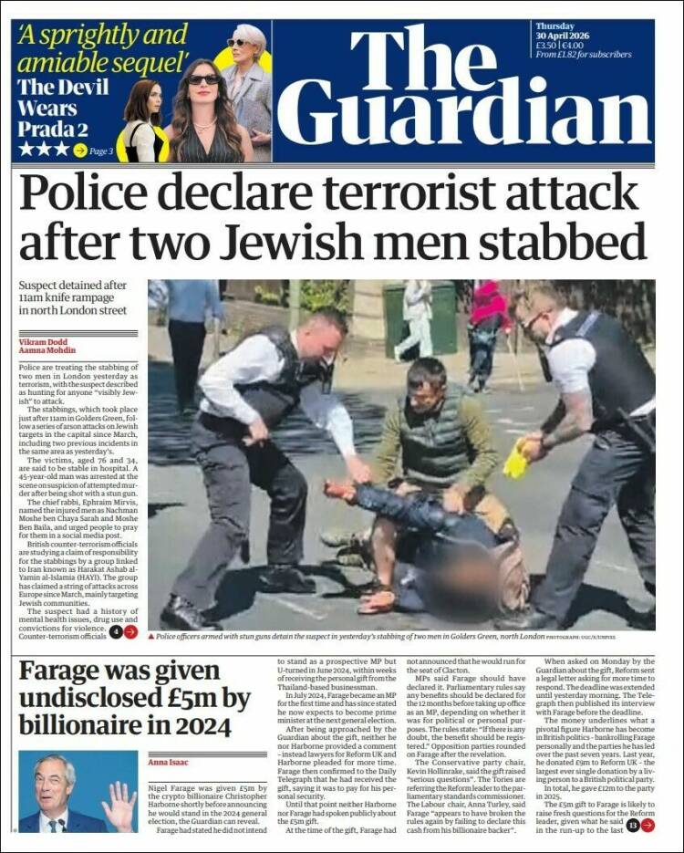Portada de The Guardian (Reino Unido)