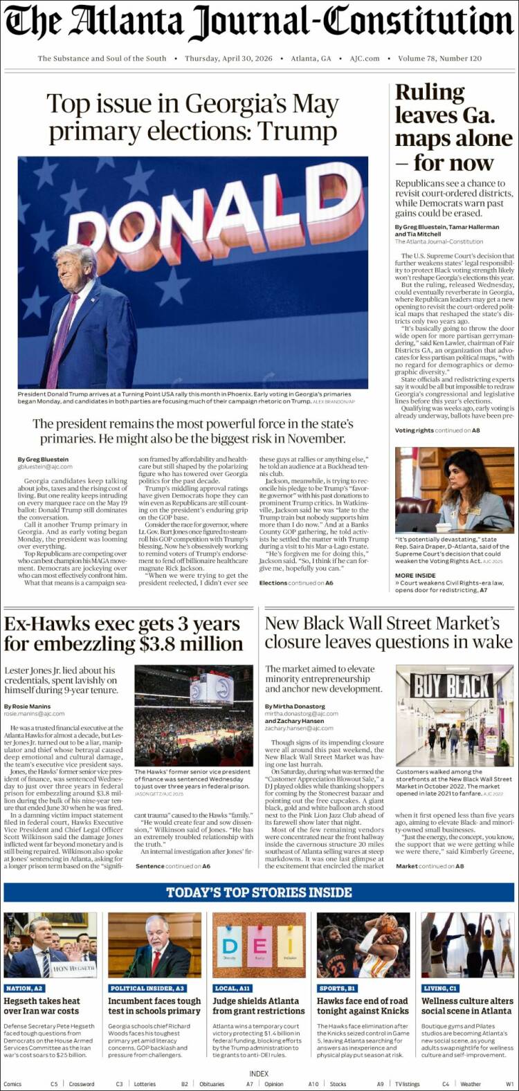 Portada de The Atlanta Journal-Constitution (USA)