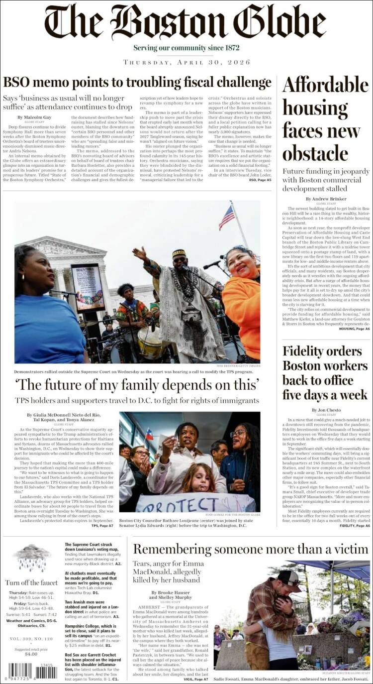 Portada de Boston Globe (USA)
