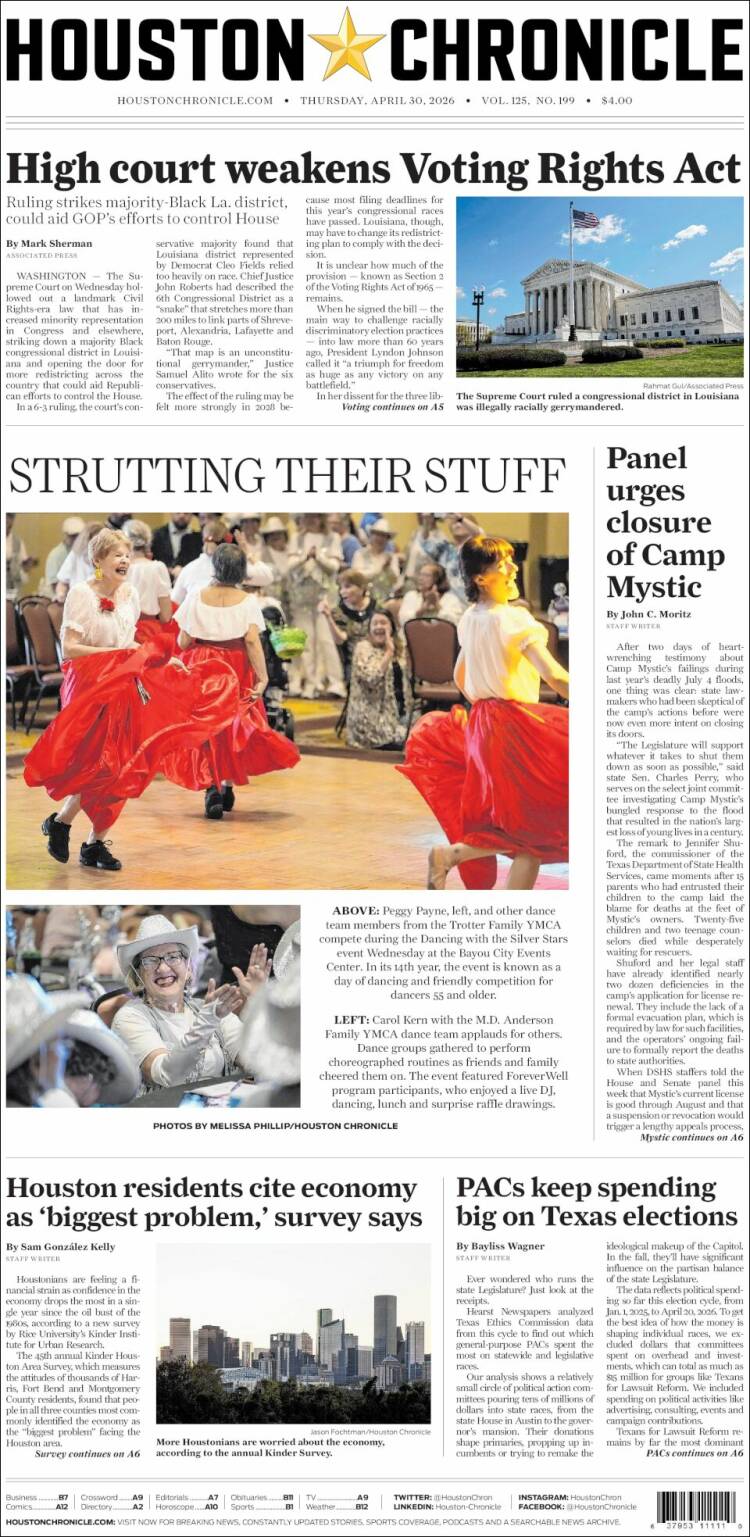 Portada de Houston Chronicle (USA)