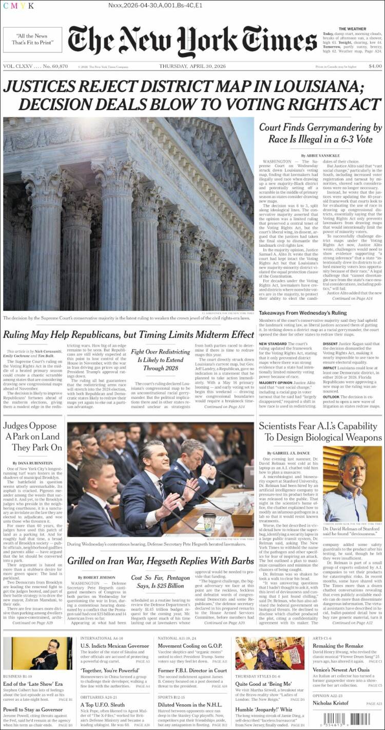 Portada de New York Times (USA)