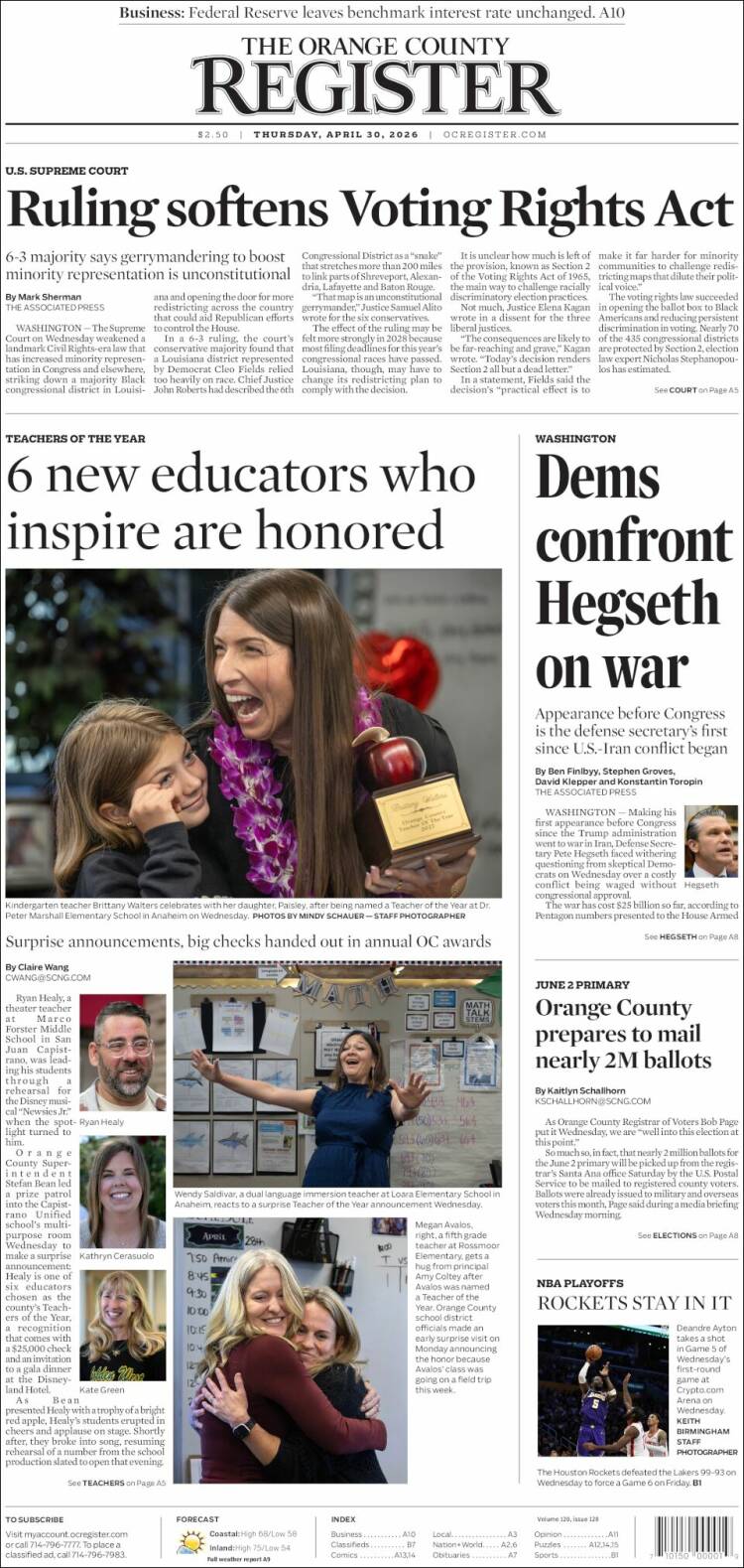 Portada de The Orange County Register (USA)
