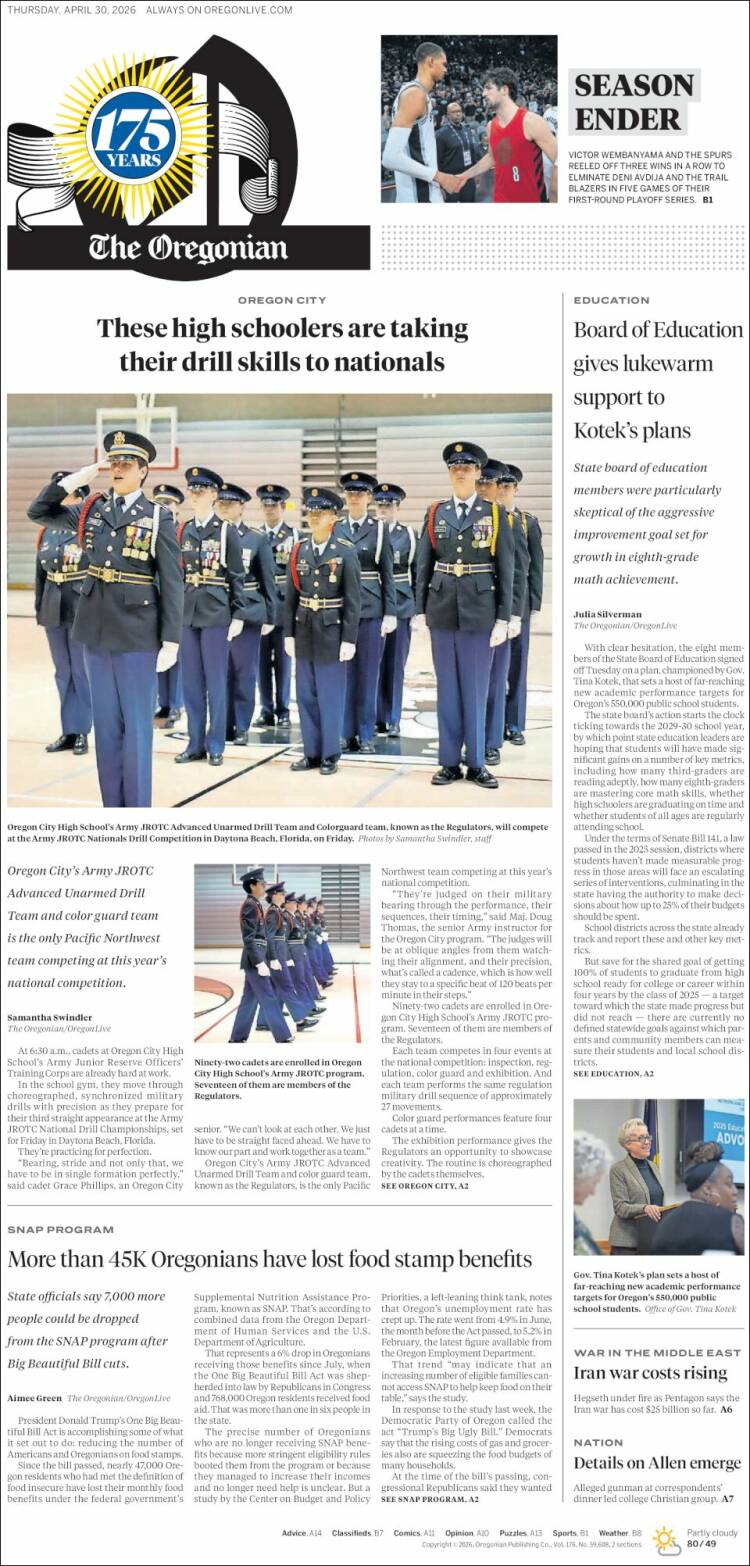 Portada de The Oregonian (USA)