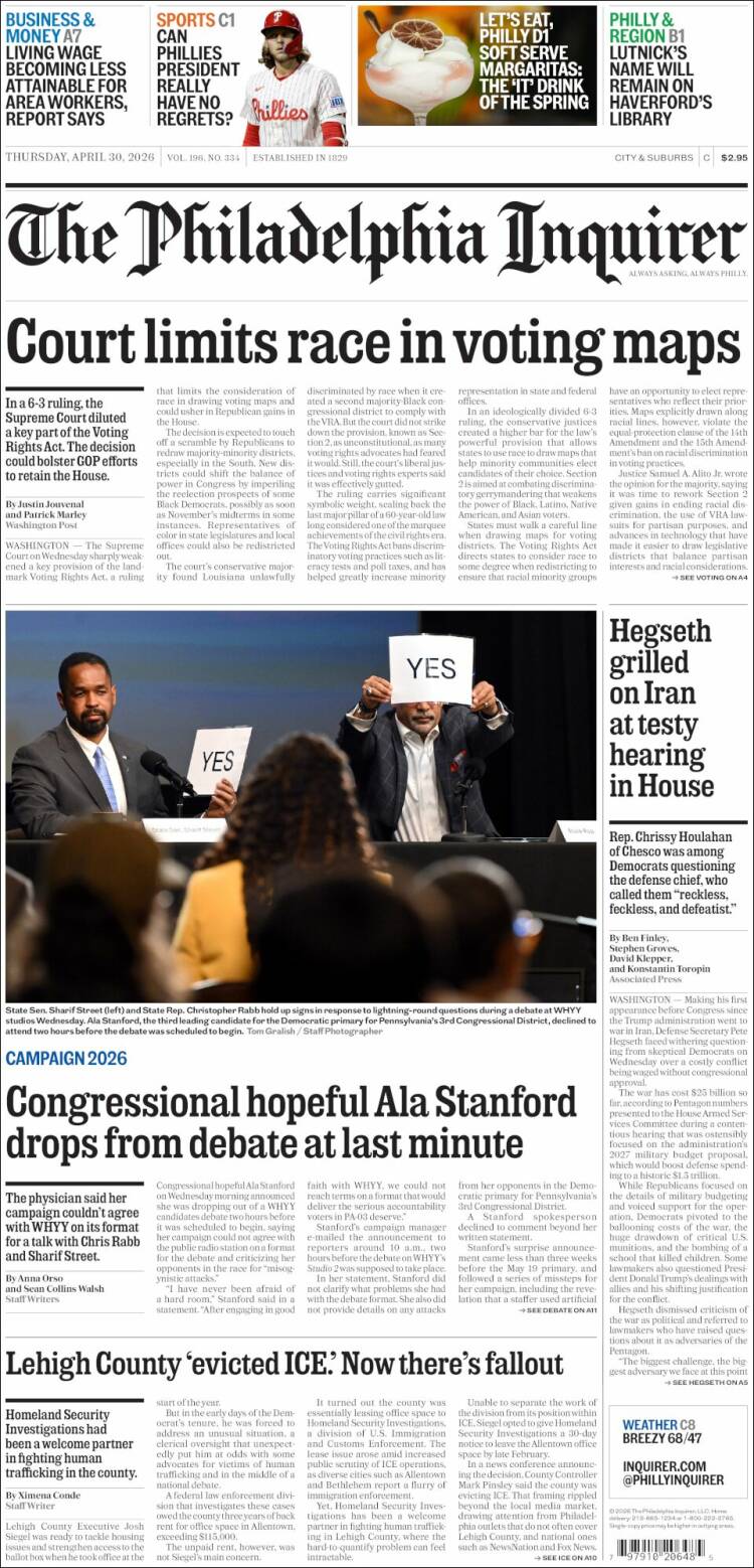 Portada de Philadelphia Inquirer (USA)