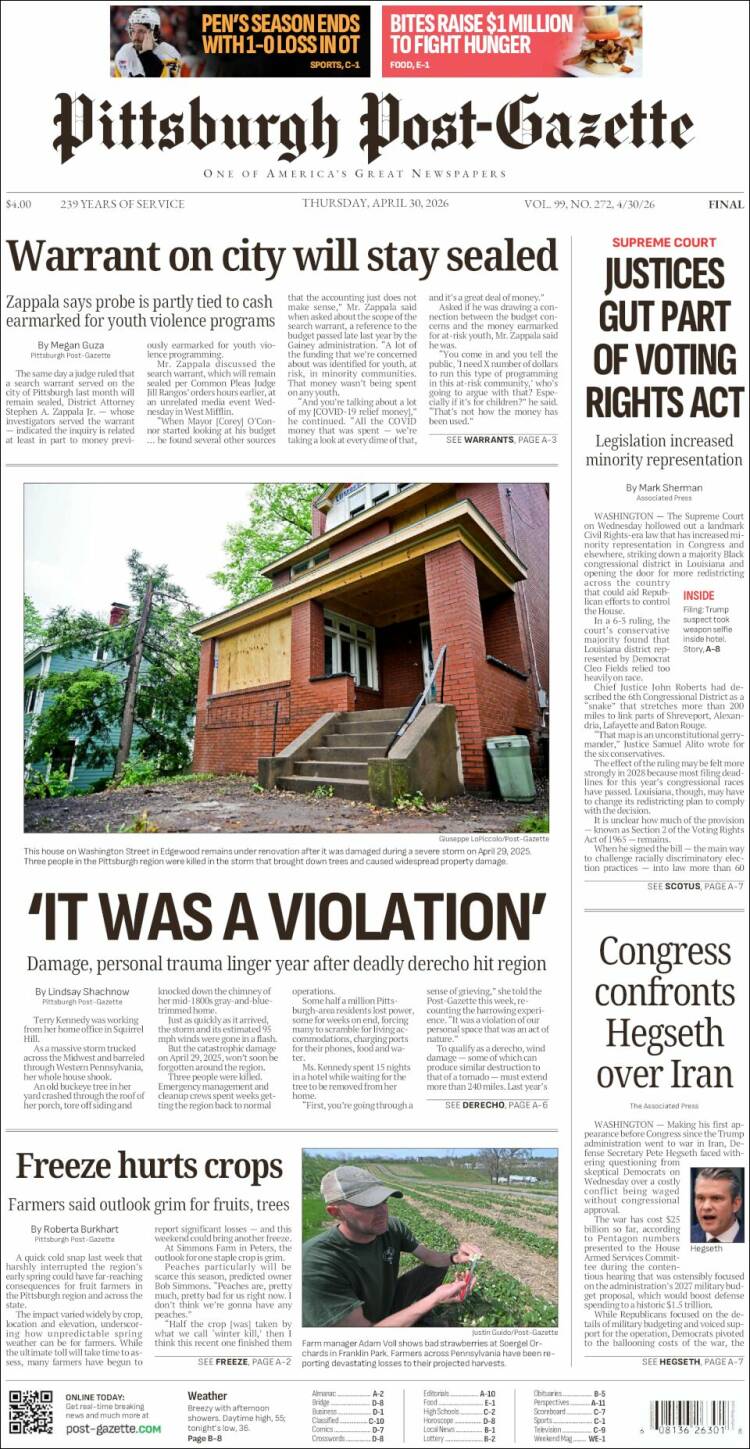 Portada de Pittsburgh Post-Gazette (USA)