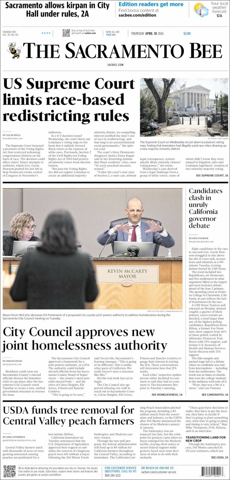 Portada de The Sacramento Bee (USA)