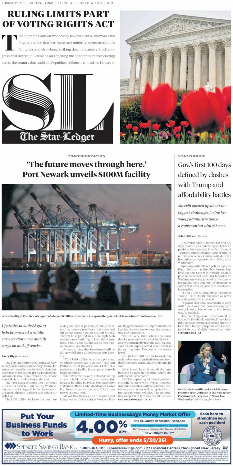 Portada de Star-Ledger (USA)