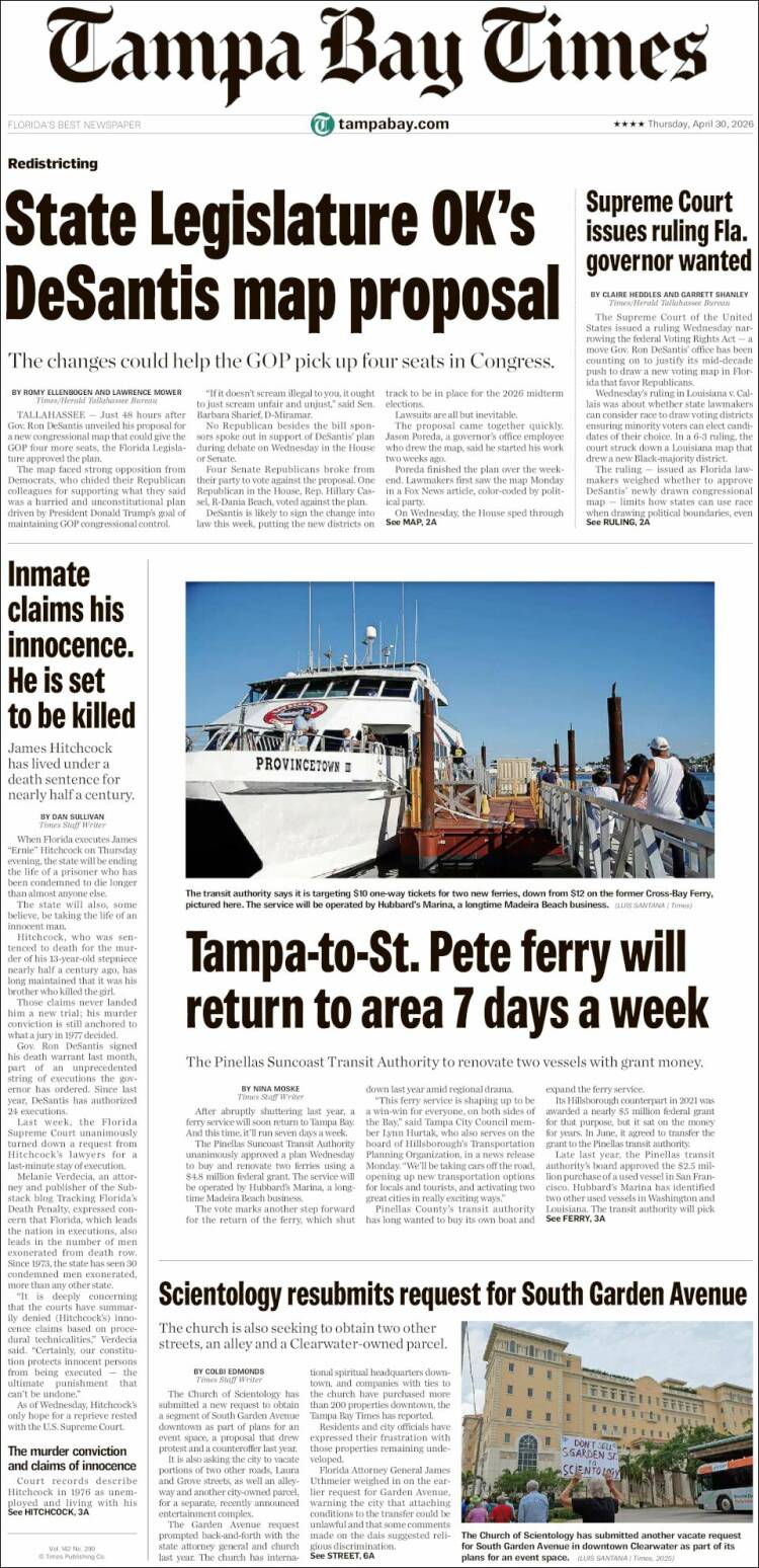 Portada de Tampa Bay Times (USA)