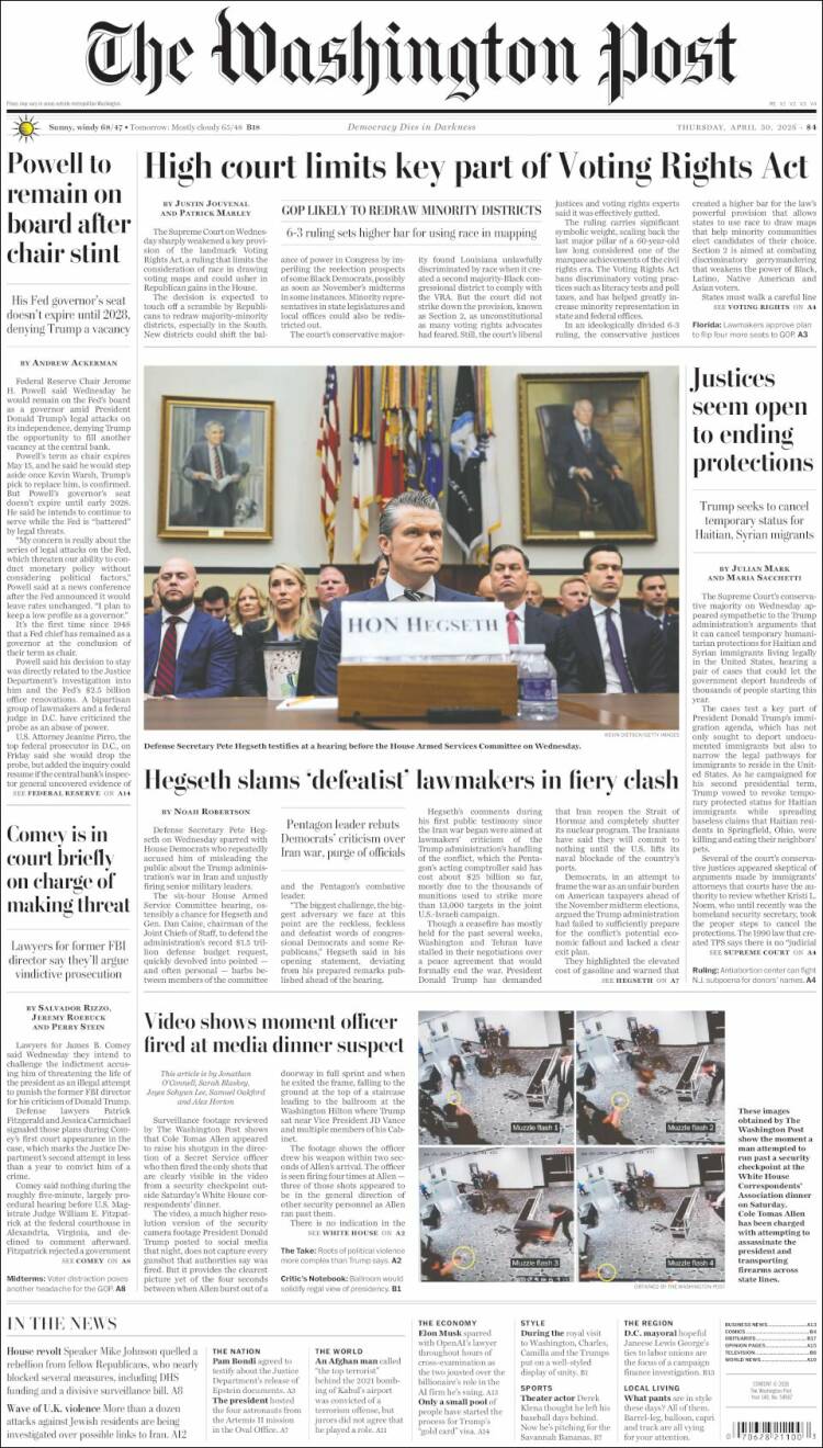 Portada de The Washington Post (USA)