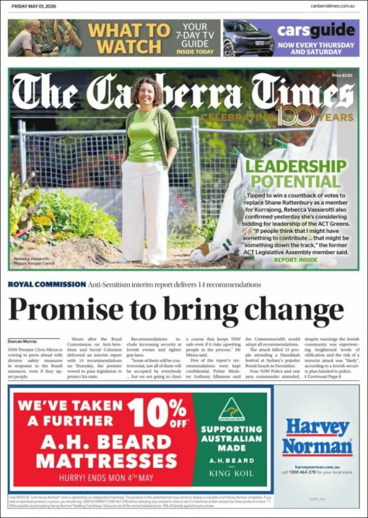 Portada de The Canberra Times (Australia)