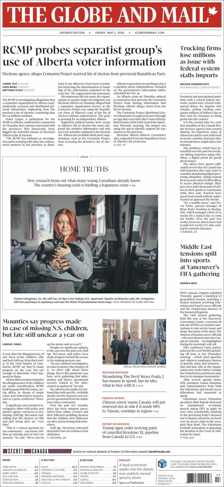 Portada de The Globe and Mail (Canad&aacute;)