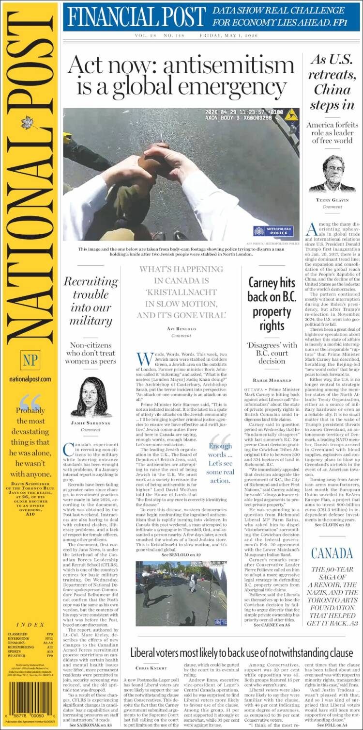 Portada de The National Post (Canad&aacute;)