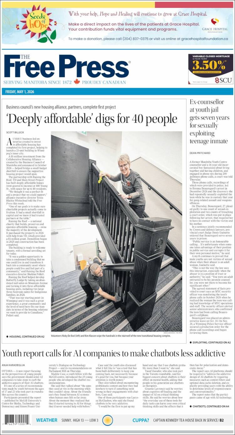 Portada de Winnipeg Free Press (Canad&aacute;)
