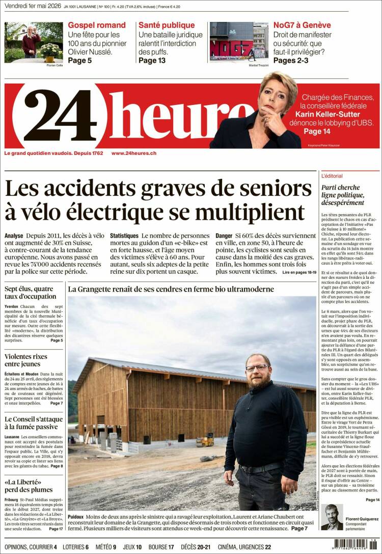 Portada de 24 Heures (Suiza)