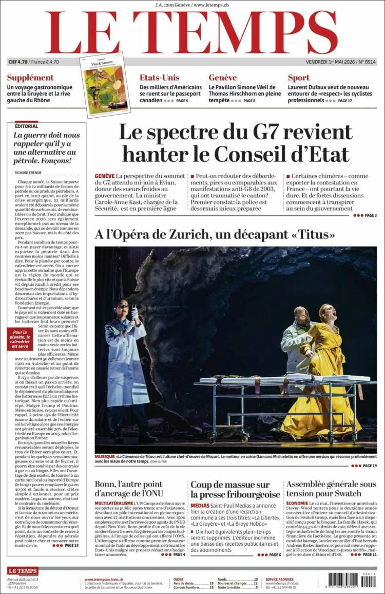 Portada de Le Matin (Suiza)