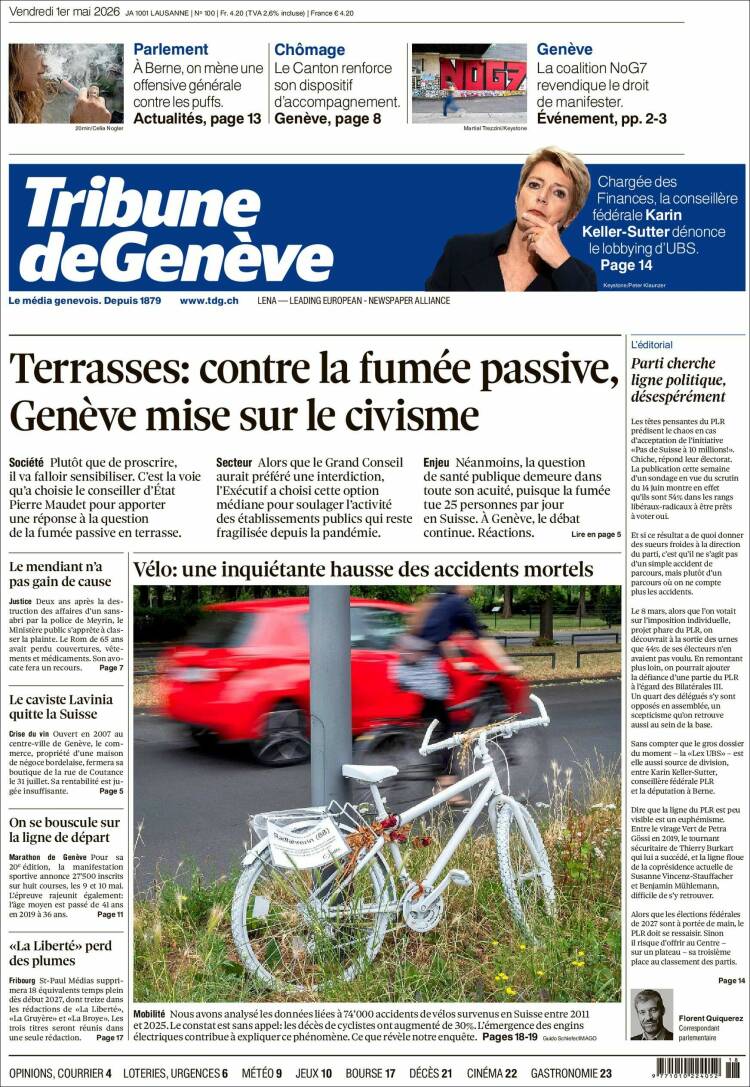 Portada de La Tribune de Genève (Suiza)
