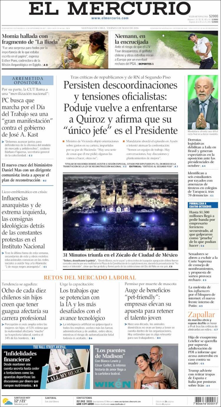 Portada de El Mercurio (Chile)