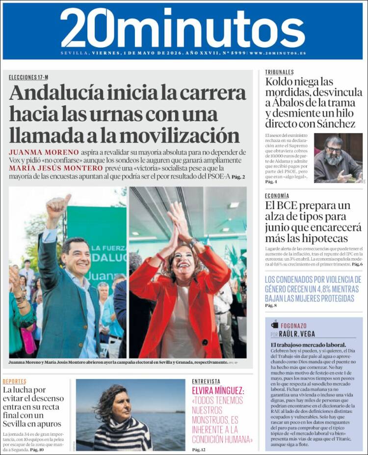 Portada de 20 Minutos - Sevilla (Espa&ntilde;a)