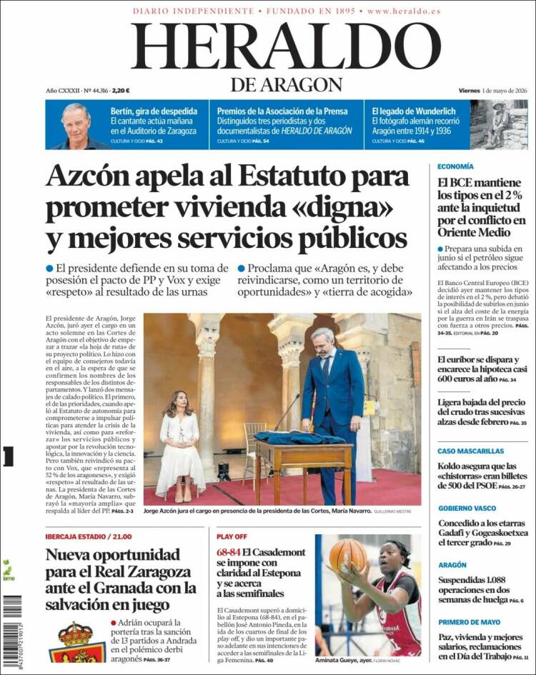 Portada de Heraldo de Aragón (Espa&ntilde;a)
