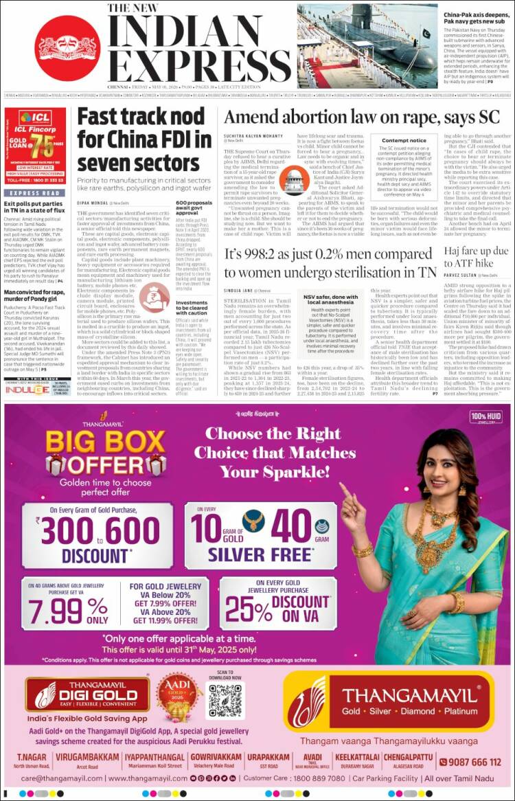 Portada de New Indian Express (India)