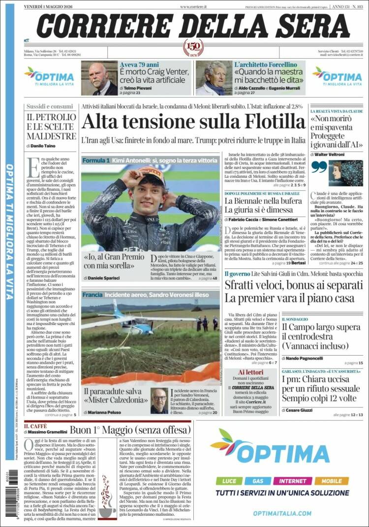 Portada de Corriere della Sera (Italia)