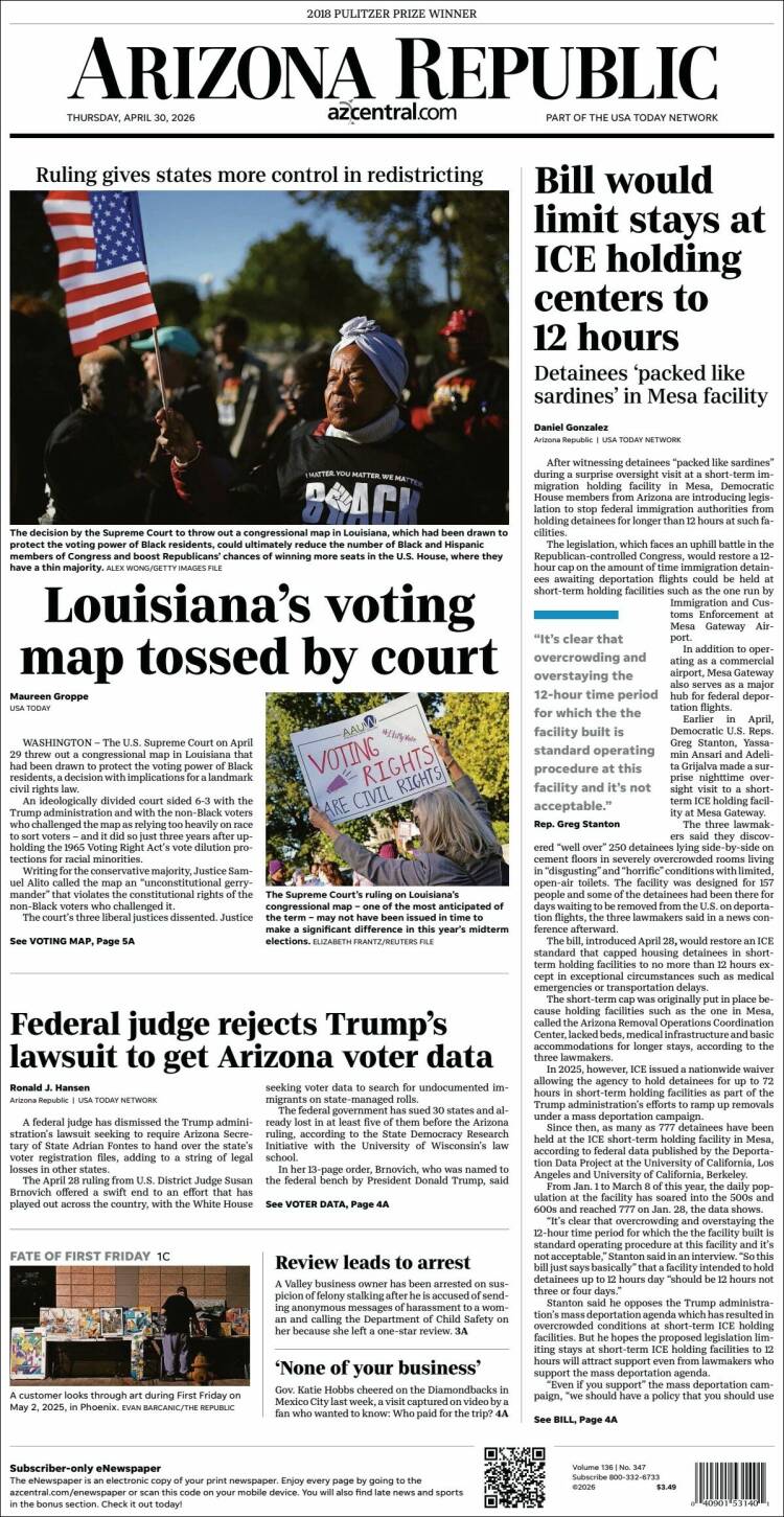 Portada de Arizona Republic News (USA)