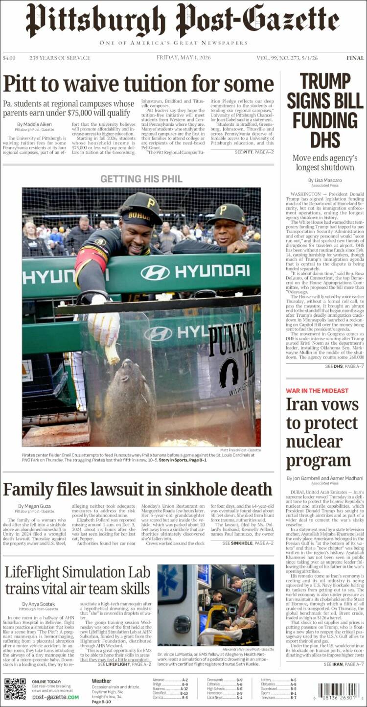 Portada de Pittsburgh Post-Gazette (USA)