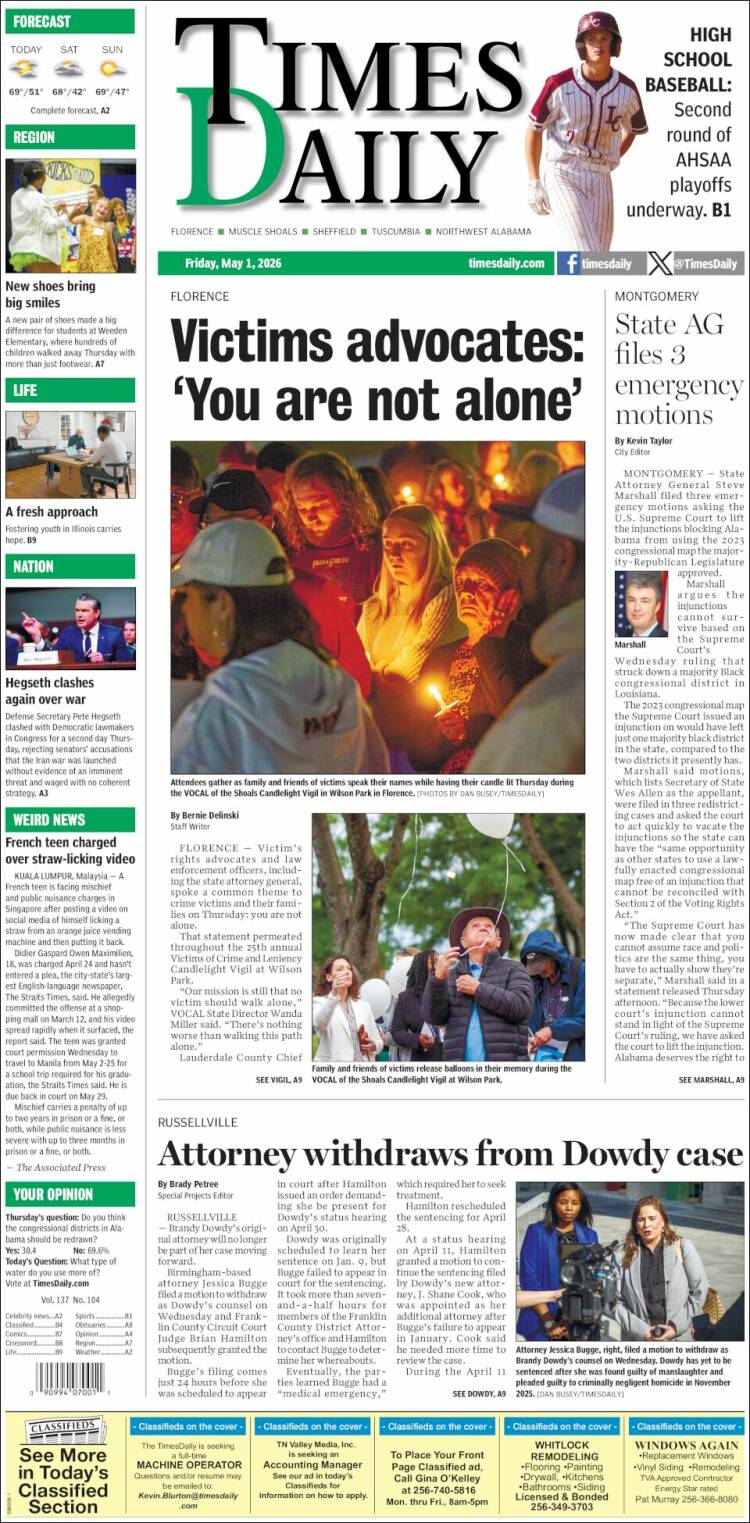 Portada de Times Daily (USA)