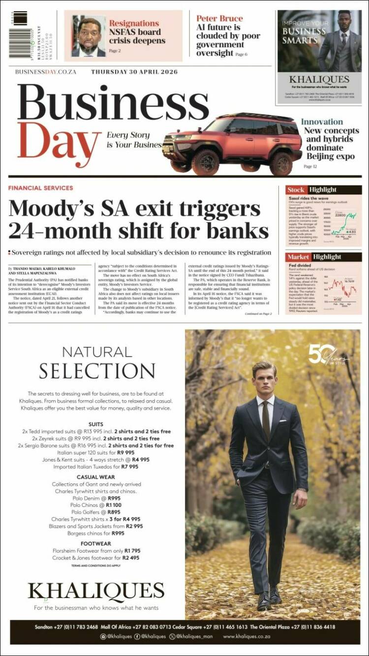 Portada de Business Day (Sud&aacute;frica)