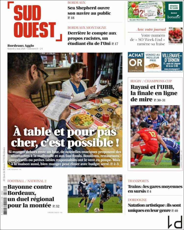 Portada de Sud Ouest (Francia)