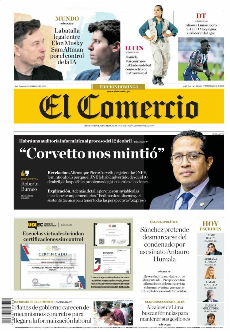 Portada de El Comercio (Per&uacute;)