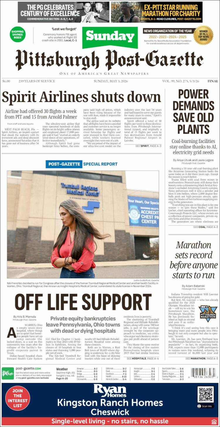 Portada de Pittsburgh Post-Gazette (USA)