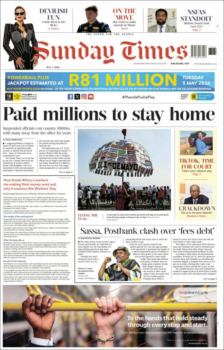 Portada de The Times (Sud&aacute;frica)