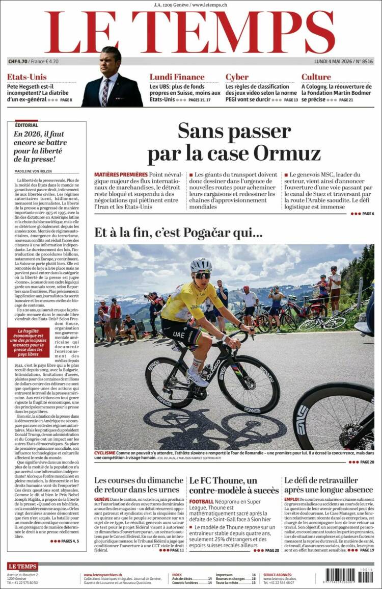 Portada de Le Matin (Suiza)