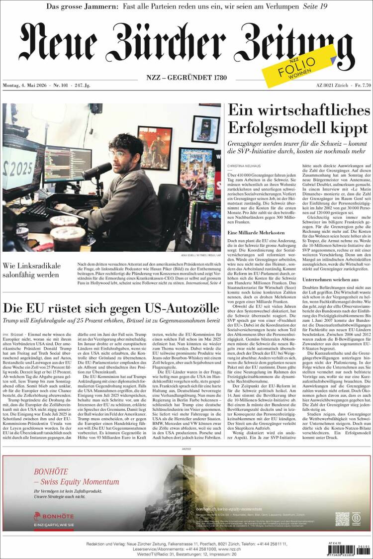 Portada de Neue Zürcher Zeitung (Suiza)
