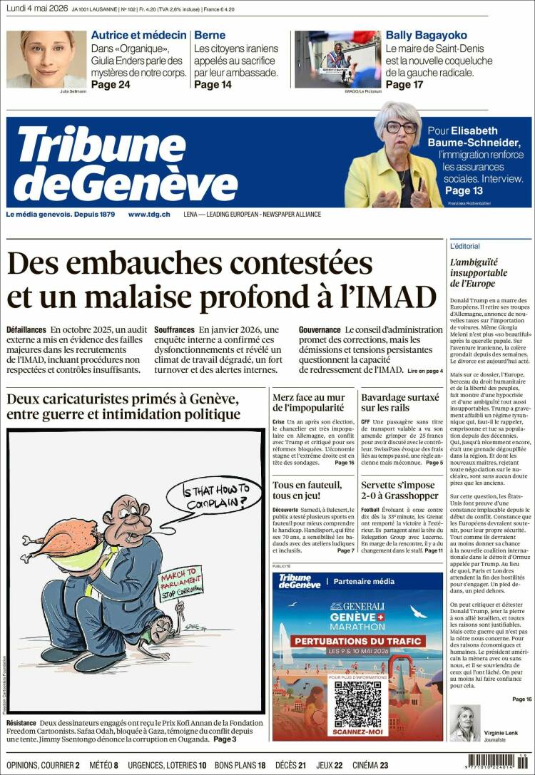 Portada de La Tribune de Genève (Suiza)